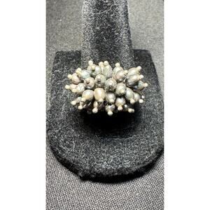 925 Sterling Silver Multi Colored Real Pearls Cluster Ring Size 9